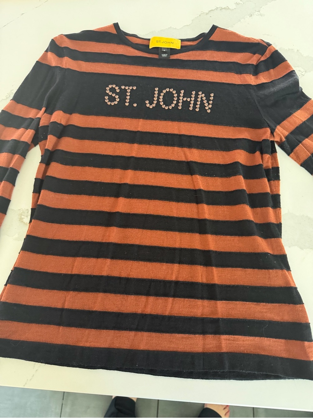 St. John Striped Crewneck Sweater — Black & Rust
